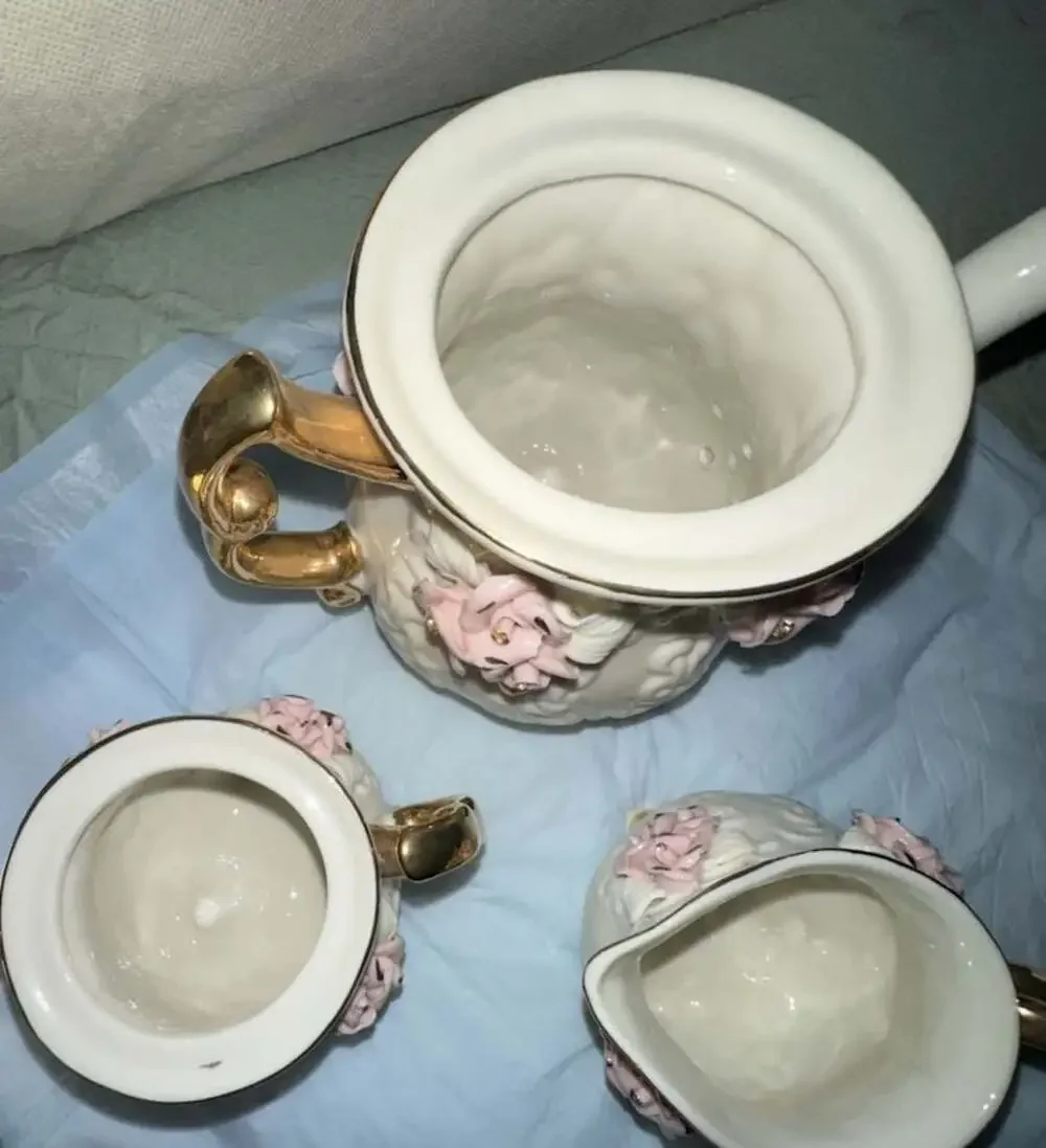 Vintage Cracker Barrel 3-Piece Porcelain Tea Set with Pink Roses and Gold Trim